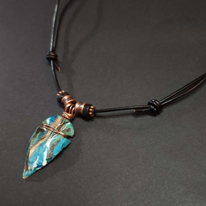 Mens Pendant Necklace Turquoise Arrow Head with Leather Adjustable Cord, Ethnic Pendant Arrowhead Boho Style