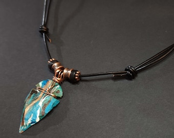 Mens Pendant Necklace Turquoise Arrow Head with Leather Adjustable Cord, Ethnic Pendant Arrowhead Boho Style