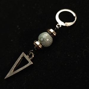 Modern Pirate Hoop Earring- Mens Gray Stoneware Clay Bead Earring- Alternative Goth Dangle Earring For Men- Silver Triangle Earring