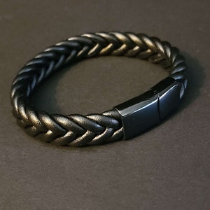 Mens Braided Leather Bracelet, 8.25 Inch Black Leather Bracelet, Handmade Jewelry, Gift for Him, Magnet Clasp
