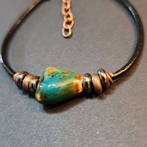 Mens Leather Bracelet, Black Copper Teal Bead Bracelet with Lobster Clasp, Unisex Jewelry, Turquoise Blue
