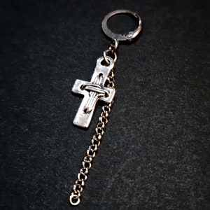 Mens Long Silver Cross Earring With Chain, Mens Dangle Earring, Surgical Steel For Men Unisex, Mens Religious Jewelry, Goth
