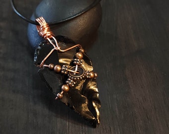 Mens Obsidian Arrowhead Pendant with Copper Accents on Black Adjustable Length Leather Cord, Protection Stone, Gift For Him