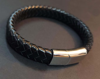 Mens Leather Bracelet, Black Flat Braided Leather Bracelet, Mens Jewelry, Mens Gift Under 20