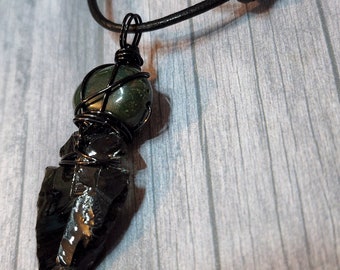 Mens Stone Pendant Necklace, Black Obsidian Arrowhead Bloodstone Necklace, Adjustable Length Cord Arrow Head real Protection Stone