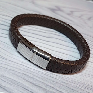 Mens Brown Leather Cuff Bracelet, 8.25 Inch Brown Flat Braided Leather Bracelet, Mens Jewelry