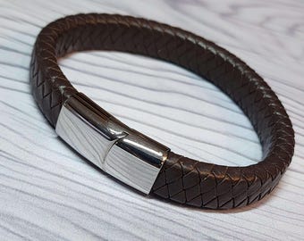 Mens/ladies 4mm Silver braided leather & stainless steel bracelet