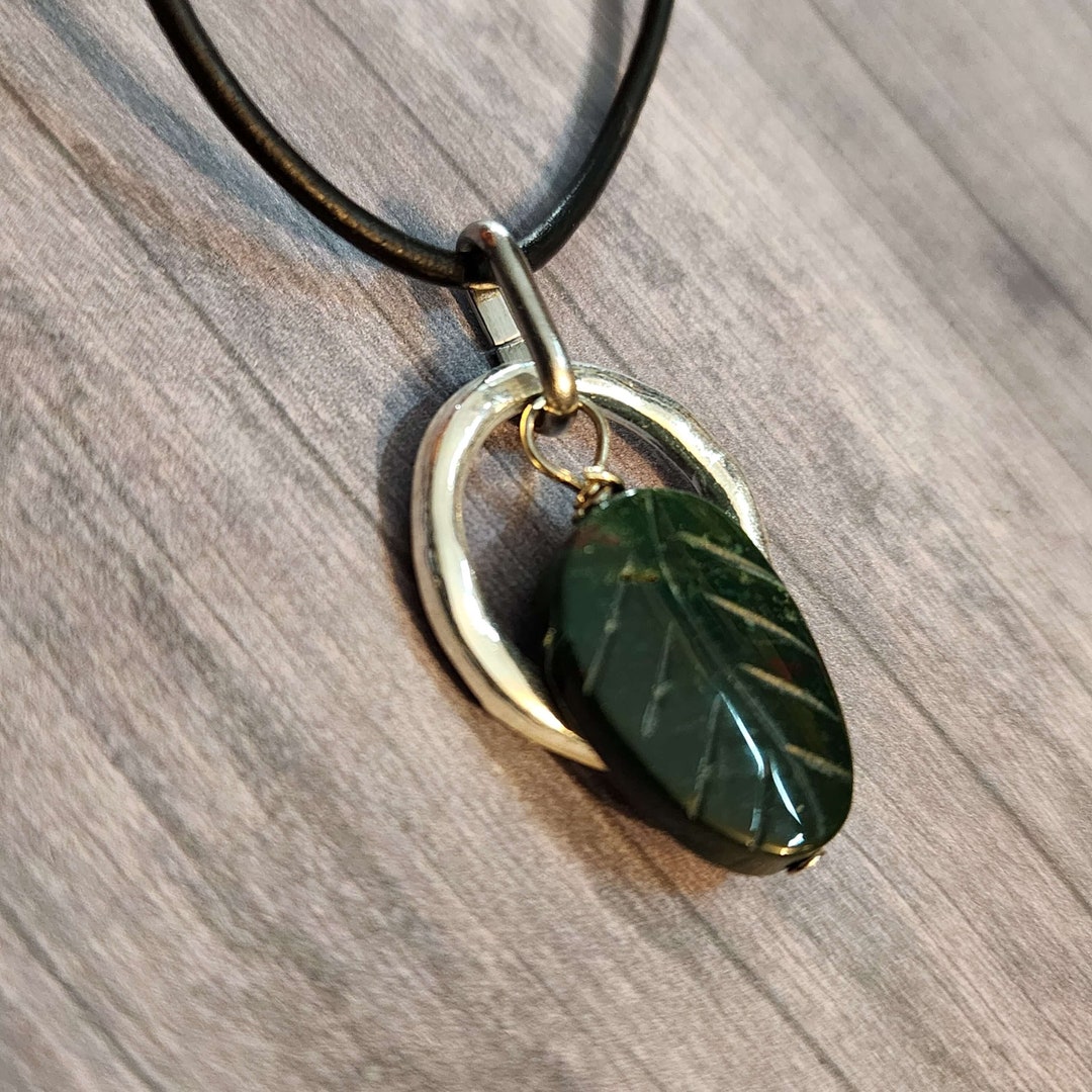 Mens Bloodstone Necklace, Dark Green Leaf Silver Circle Pendant