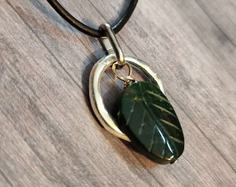 Mens Bloodstone Necklace, Dark Green Leaf Silver Circle Pendant, Adjustable Length Slider Leather or Braided Leather Unisex Mens