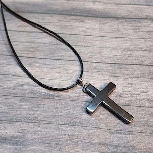 Hematite Cross Pendant, Cross Necklace for Men, Unisex necklace, Leather Necklace Adjustable Length