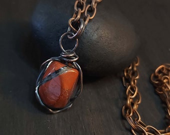 Red Jasper Amulet Pendant Necklace, Wire wrapped copper jewelry for men or women RJ301