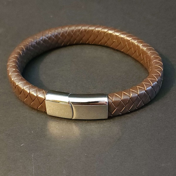 Mens Leather Bracelet, 8.25 Inch Brown Flat Braided Leather Bracelet, Mens Jewelry, Mens Gift Under 20