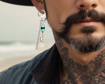 Boho Spiritual Dangle Earring For Men- Stainless Steel Hoop Chain Drop Earring- Mens Black Onyx Gemstone Beaded Earring