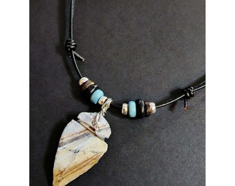 Mens Unique Stone Necklace, Brown ArrowHead Pendant Necklace, Tribal Leather Necklace, Unisex surfer necklace, Fidget Jewelry
