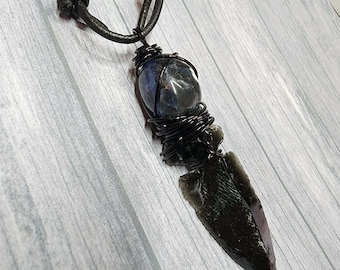 Mens Stone Pendant Necklace, Blue Sodalite and Black Obsidian Arrowhead Necklace, Adjustable Length Cord Arrow Head real Protection Stone