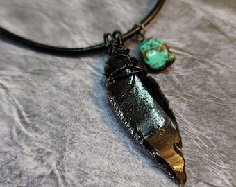 Black Obsidian Arrowhead Necklace with Turquoise Stone Charm For Men Pendant on Adjustable Length Cord or Cord with Clasp, Protection Stone
