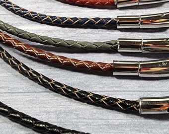 3mm Braided Leather Necklace with Stainless Steel Bayonet Clasp, Leather Cord Necklace, Braided Leather Necklace