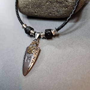 Viking Arrow Head Pendant, Steel Runes Necklace, Braided Leather Cord, Two Tone Pendant