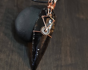 Mens Obsidian Pendant Necklace, Dagger Style Arrowhead Copper Accents, Black Adjustable Length Cord, Protection Stone, Gift For Him