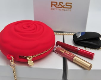 R & S 3D Rose Silicon Coin Makeup Medium Purse Bag with metallic hardware