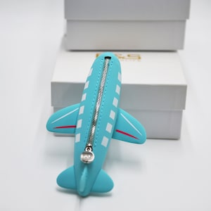 May include: A blue airplane-shaped zippered pouch with white and red details. The zipper is silver and the pouch is made of a soft, pliable material.