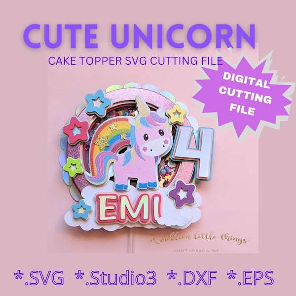 Schattig Unicorn taart Topper met Shaker SVG-bestand | snijbestand voor Cricut Cameo SVG studio3-bestanden | downloadbaar bestand
