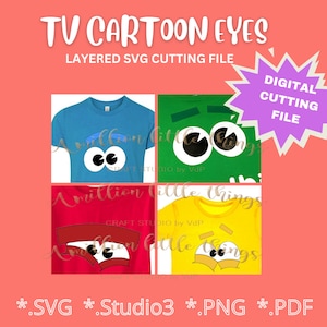 Puede incluir: Un archivo de corte digital con diseños de ojos de dibujos animados. La imagen muestra cuatro camisetas en azul, verde, rojo y amarillo, cada una con un diseño de ojo de dibujos animados diferente. El texto incluye "TV CARTOON EYES" y opciones de tipo de archivo: SVG, Studio3, PNG y PDF.