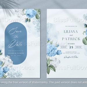 Stoffige blauwe bruiloft uitnodiging mockup PSD-bestand - digitale of afdrukbare kaarten voor moderne vieringen - afdrukbare uitnodigingen voor rustieke bruiloften