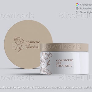 May include: A white cosmetic jar mockup with a beige lid and a matching round background. The jar and lid feature a floral design and the text "cosmetic jar mockup."