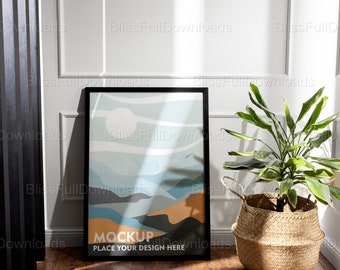 Vertical Black Wood Frame Mockup in Home Interior | Boho Style Wooden Frame Mockup | Poster Mockup for Print Art | Gallery Frame Mockups