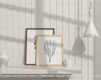 May include: Two framed prints on a white wall with a white pendant light hanging above. The print on the left has a brown frame and a botanical illustration of a plant. The print on the right has a natural wood frame and a black and white illustration of a cactus.
