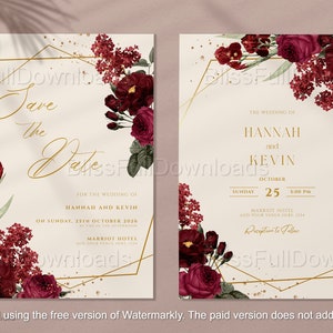 Rote Rose Hochzeitseinladungen Kartenmodell - Druckbare digitale Einladungskarten - Elegantes Blumenmuster - DIY bearbeitbare Vorlage PSD-Datei