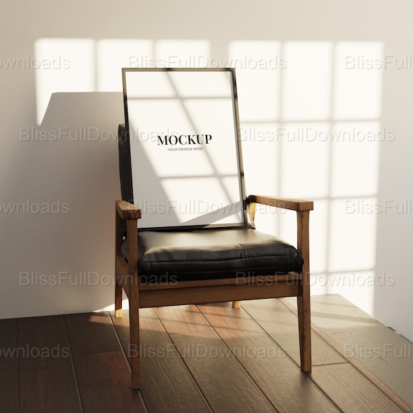 DIN A Vertical Wood Frame Mockup for Photoshop, Moody Lighting PSD Template for Digital artwork, Interior Mockups with Chair, Natural Light