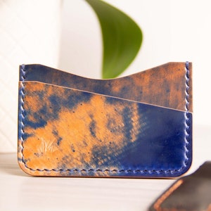 Funda para tarjetas de cuero cordovan azul y buttero natural / Funda para tarjetas / Billetera delgada para tarjetas / Billetera de cuero / Billetera de cuero con 3 bolsillos