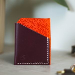 ¡AUTORIZACIÓN! Púrpura natural y naranja / Funda de envoltura de tarjeta de cuero / Funda de tarjeta / Cartera de tarjeta delgada / Cartera de cuero / Cartera de cuero de 3 bolsillos