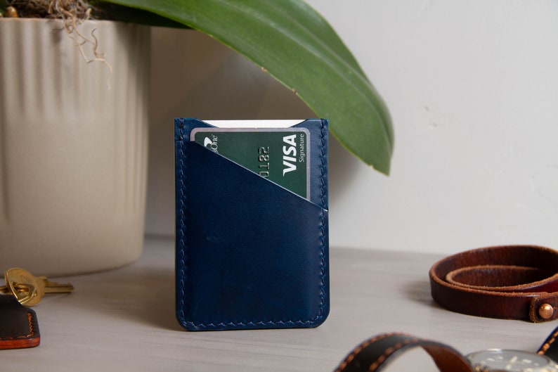 Blue Natural Buttero Leather Card Sleeve Card Sleeve Slim Card Wallet Leather Wallet Leather Card Holder 3-Pocket Leather Wallet image 4