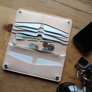 Cartera larga de cuero natural / Cartera larga con broche / Cartera larga de cuero / Cartera de cuero con broche y cremallera / Cartera larga para mujer / Cartera de mano