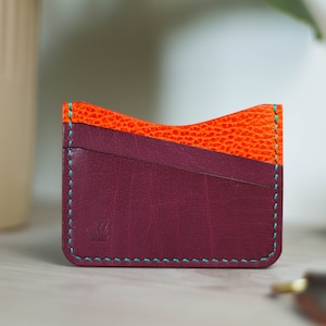 Cartera de cuero natural naranja y morado / funda de tarjeta / Dollaro naranja y cartera de cuero de búfalo Korba morado / funda de tarjeta de 4 bolsillos