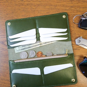 Cartera larga de piel de oliva / Cartera larga con broche / Cartera larga de piel / Cartera de piel con cierre de cremallera / Cartera larga / Cartera de mano