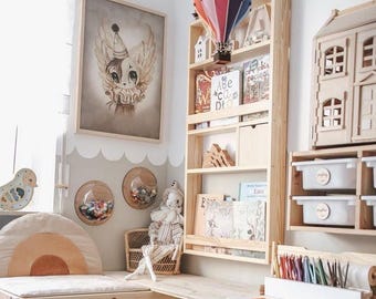 Kinderbücherregal mit Schublade, Bücherregal aus Holz für ein Kinderzimmer, Regale für ein Kinderzimmer, Wandbücherregal