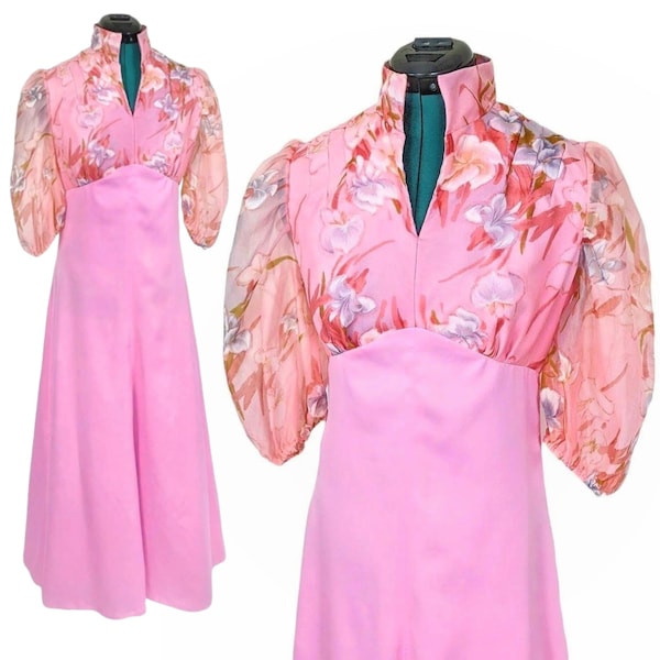 70s Vintage Dress, Two Tone Pink, Floral Print, Maxi Length, Size Small, Authentic 1970s, Prom, Formal Wear, Costume