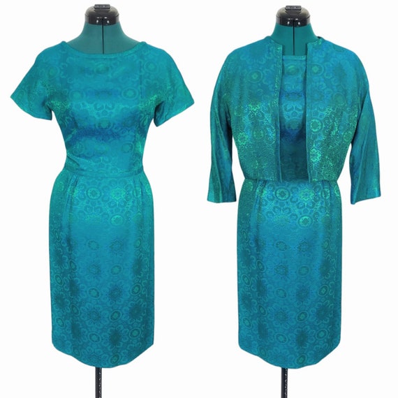 50s Vintage Dress & Jacket Set, Brocade Damask, S… - image 1