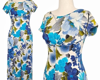 1960s Vintage Dress 60s Hawaiian Hostess Maxi Cape Blue Tropical Small Barkcloth