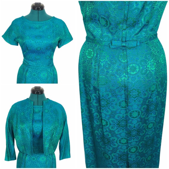 50s Vintage Dress & Jacket Set, Brocade Damask, S… - image 10