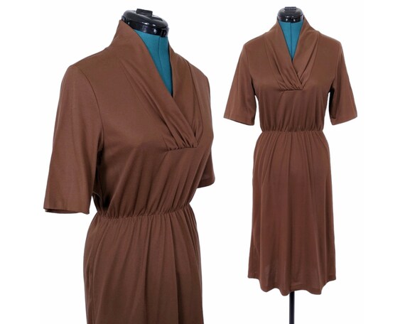 80s Vintage Dress, Shirtwaist, Brown, Stretchy El… - image 1