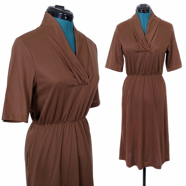 80s Vintage Dress, Shirtwaist, Brown, Stretchy Elastic Waist, Size XS Small, Business Casual