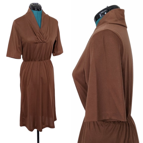 80s Vintage Dress, Shirtwaist, Brown, Stretchy El… - image 4