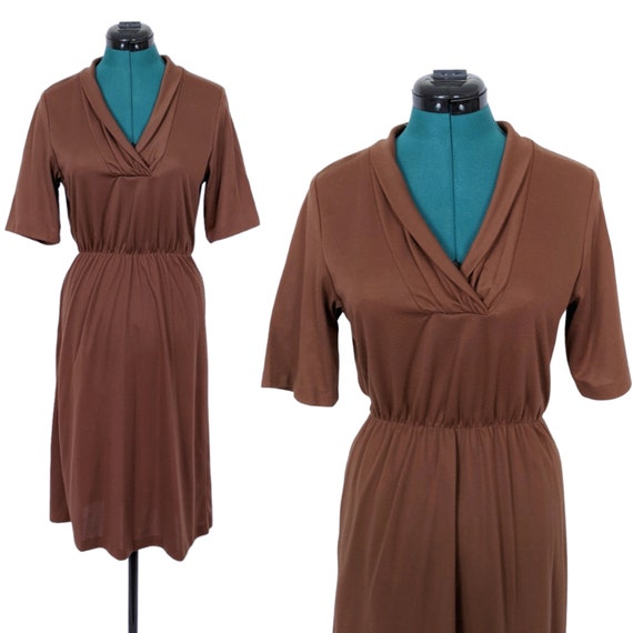 80s Vintage Dress, Shirtwaist, Brown, Stretchy El… - image 5