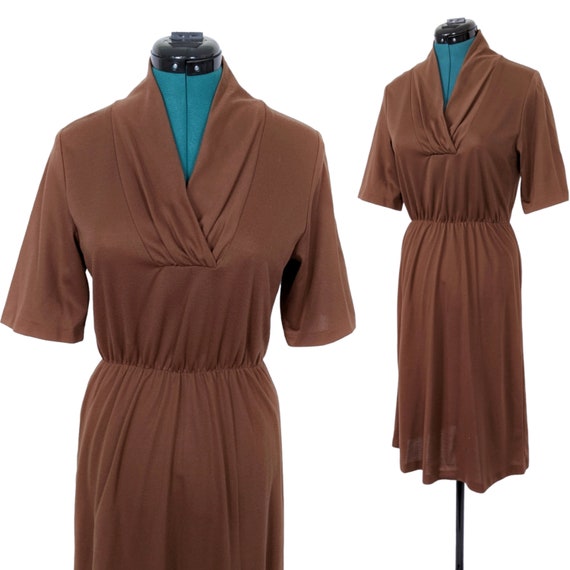 80s Vintage Dress, Shirtwaist, Brown, Stretchy El… - image 2