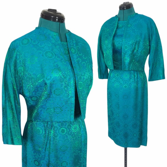 50s Vintage Dress & Jacket Set, Brocade Damask, S… - image 3